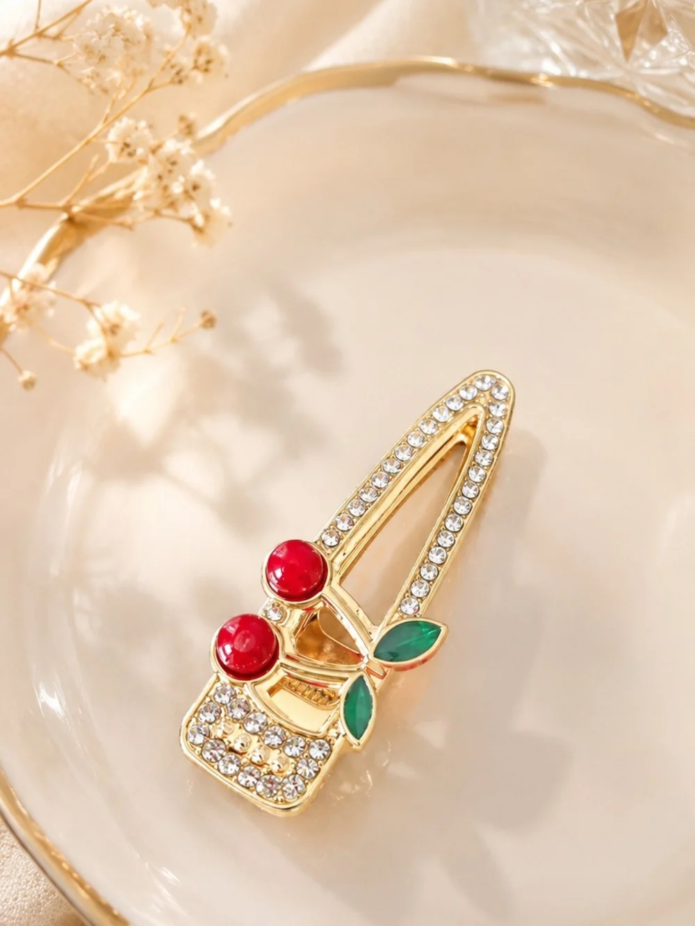 Set of 4 Gold Tone Alloy Cherry Hair Clips with Rhinestone Accents